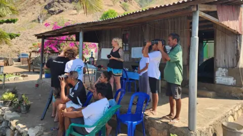 Karen Edyvane Volunteers attempt to spot cetaceans through their binoculars their cameras at a research station outside the da Cunha's village home in Subaun 