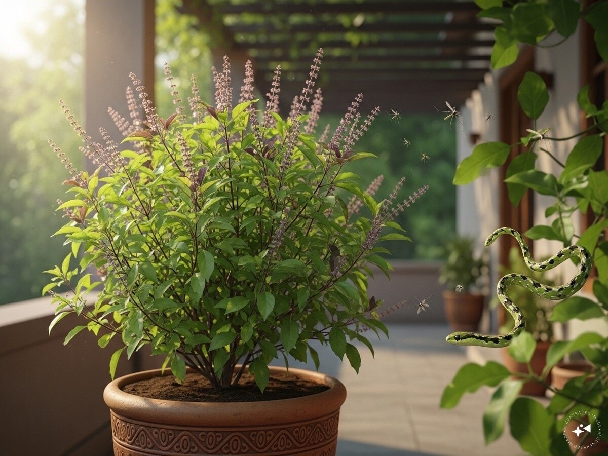 Basil Plant: Traditionally grown in Indian households for its religious significance, basil has another benefit, its fragrance and natural oils repel snakes, as well as mosquitoes and other insects. (News18 Hindi) Basil Plant: Traditionally grown in Indian households for its religious significance, basil has another benefit, its fragrance and natural oils repel snakes, as well as mosquitoes and other insects. (News18 Hindi)
