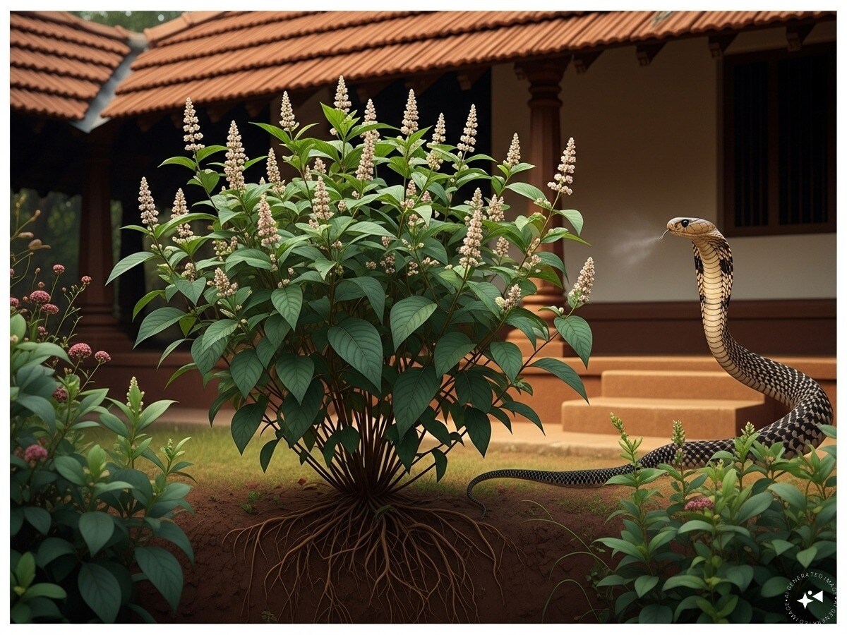 Sarpagandha: True to its name, this medicinal plant is associated with snakes. Its roots release strong alkaloids and a distinctive smell that prevents snakes from entering. Widely used in Ayurveda, it doubles up as an effective protective plant. (News18 Hindi) Sarpagandha: True to its name, this medicinal plant is associated with snakes. Its roots release strong alkaloids and a distinctive smell that prevents snakes from entering. Widely used in Ayurveda, it doubles up as an effective protective plant. (News18 Hindi)